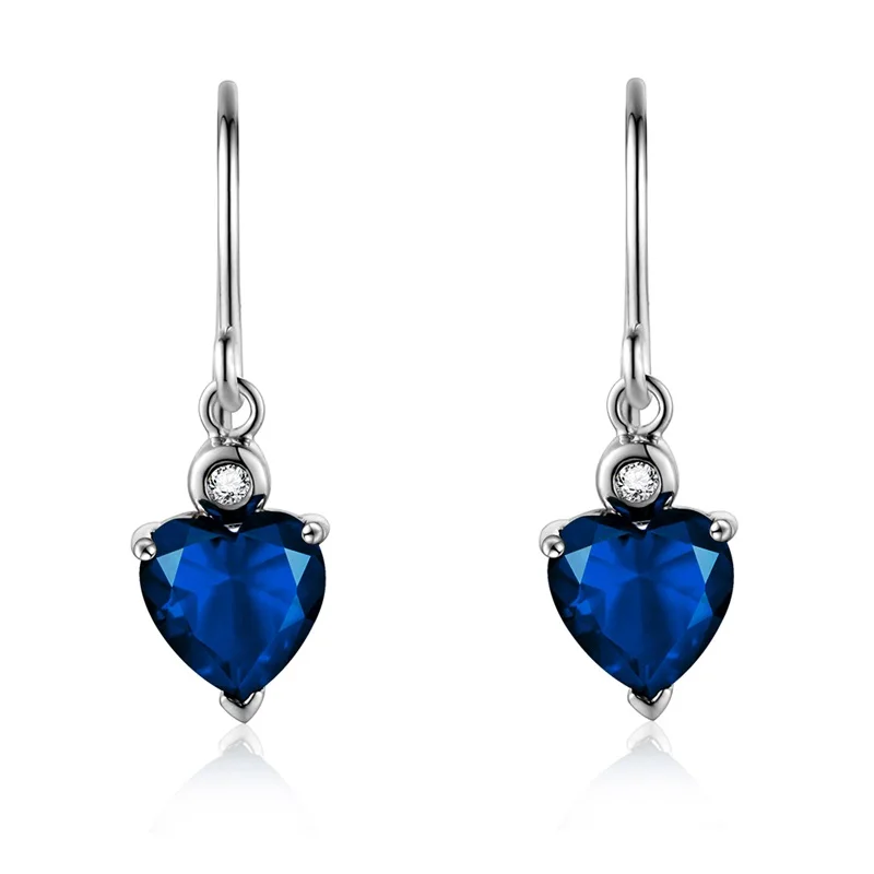 Sapphire WithDiamond Двойные 925 пробы серебряные изумрудные серьги с драгоценным камнем бриллиантовые серьги в форме сердца с голубым топазом красный рубин для элегантных женщин - Цвет камня: Sapphire WithDiamond