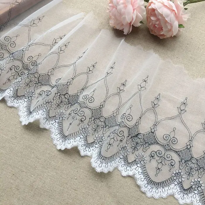 

Wide 19CM high quality mesh black line hook flower unilateral embroidery lace fabric dress wedding dress lace