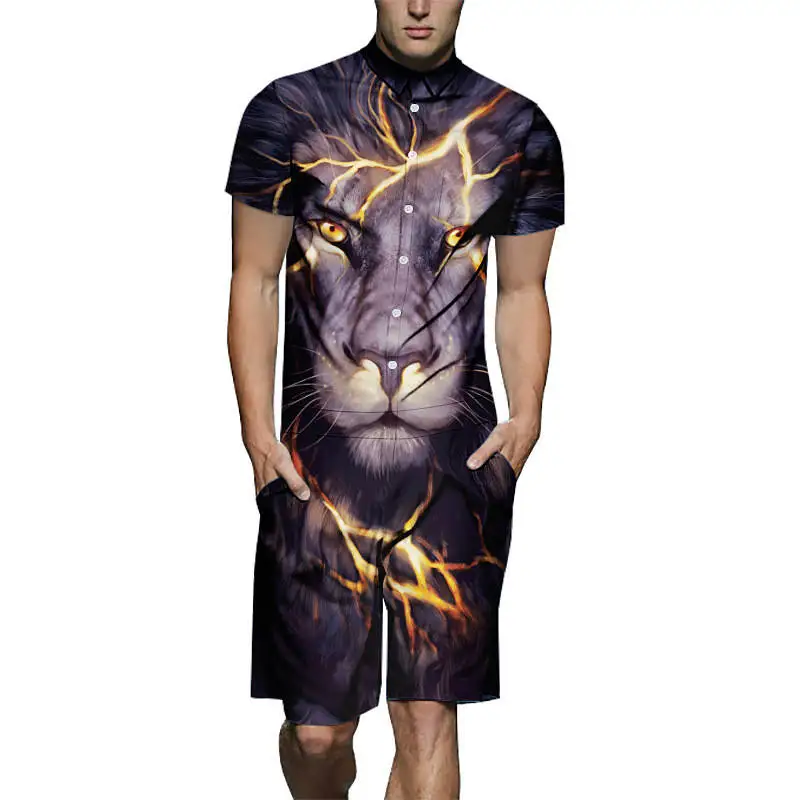 

Summer New Mens Fashion Design Romper 3D Lightning Tiger Print Playsuit Male Short Sleeve Beach Sets Casual Jumpsuit Overalls