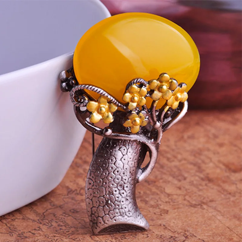 FUNMOR дерево с цветком Форма Броши Кулон Античный Серебряный цвет желтый растение