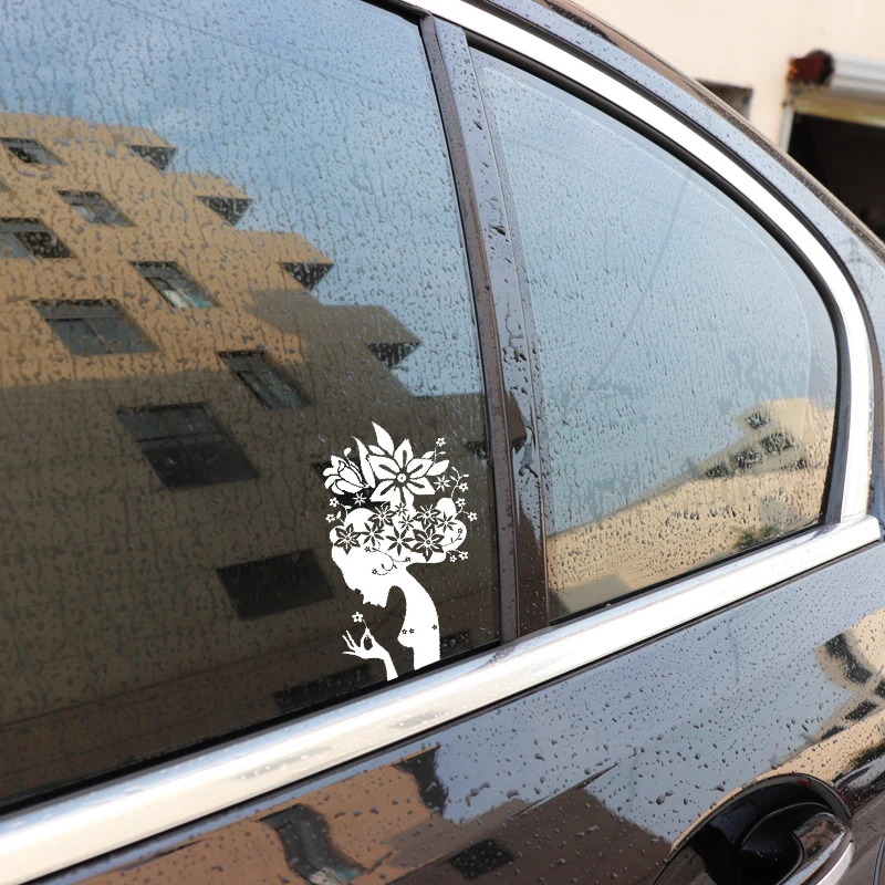 

YJZT 12.9CM*17.4CM Creative Design Decoration Car Sticker Vinyl Decal Flower Fairy Black/Silver C23-0918