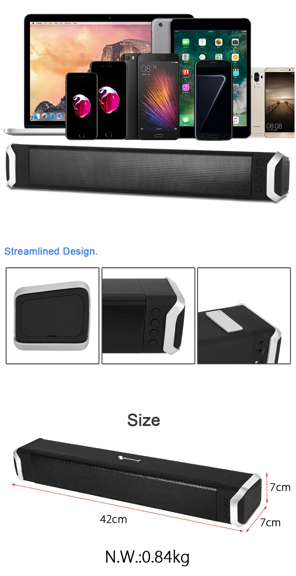NR-, мощный bluetooth-динамик для телефона, громкая связь, Aux-In, USB, TF, fm-радио, беспроводной динамик с микрофоном, Саундбар для xiaomi tv