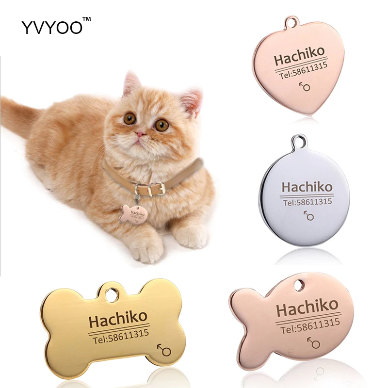 

YVYOO Free engraving Stainless steel Pet cat collar accessories customized dog cat ID tag name telephone Multiple languages AA08