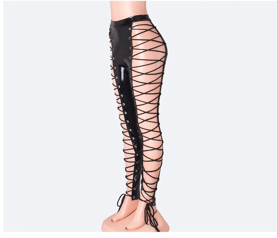 AHVIT, черные, из искусственной кожи, бандажные, из кусков, сексуальные штаны, для женщин, высокая талия, открытые, вечерние, узкие брюки, GK-6S3273