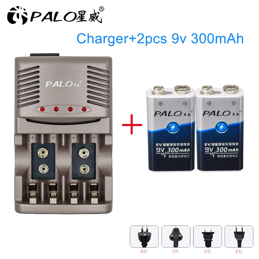 PALO 2 шт. 9v300mah батареи сочетаются с индикатором светильник зарядное устройство для AA AAA 9 в 6F22 Ni-MH перезаряжаемые Baterias