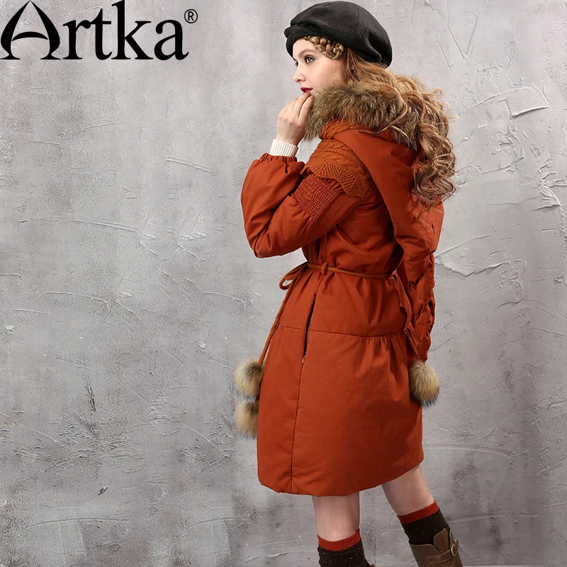 ARTKA, женские зимние парки, мех енота, с капюшоном, зимняя куртка для женщин, рукав-фонарик, толстое теплое длинное пальто с поясом, MA10152D