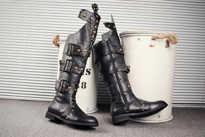 Knee High Boots Shoes Men Buckle Strap Rivets Punk Top Casual Martin Roman Flats Cut-Outs In elevator shoes | Обувь