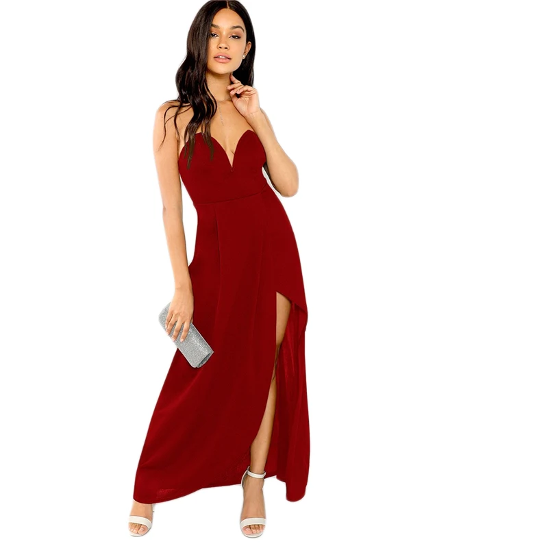 SHEIN Стильное Платье С V-Образным Вырезом И Разрезом Женское Сексуальное Длинное Платье Макси Без Рукавов