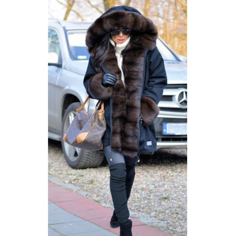 Tatyana Furclub New Winter Women Parkas With Natural Fox Fur Collar Thick Warm Coat Black Long Fur Jacket Casual Parka Outwear
