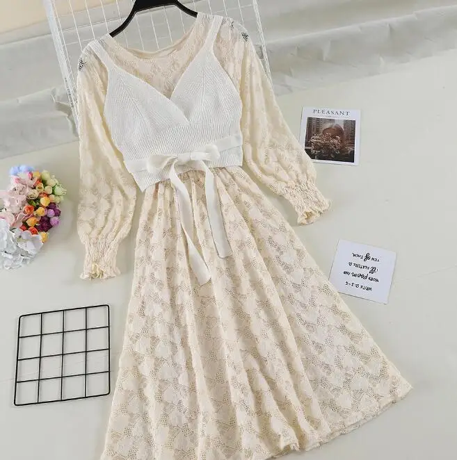 Fall Lace Dress Suit Women Long Two Piece Sets New Knitting Vest + Sleeve Dresses Girl Students Party Vestidos | Женская одежда