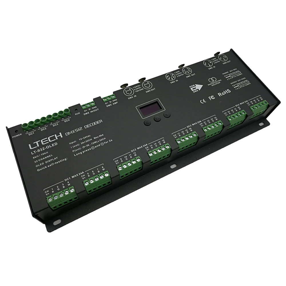LT-932-OLED декодер 32CH DMX-PWM; Вход DC12-24V; 3A* 32CH Max 96A 2304 Вт выход RGB/RGBW контроллер полосы XLR-3/RJ45
