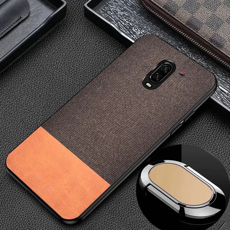 Business Fabric Canvas PU Leather Case For OnePlus 6 6T Splice PC Hard Back Cover Case+Magnetic Ring Holder |