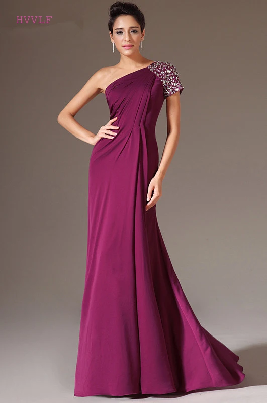 

Purple Evening Dresses Mermaid One-shoulder Chiffon Beaded Crystals Plus Size Long Evening Gown Prom Dresses Robe De Soiree