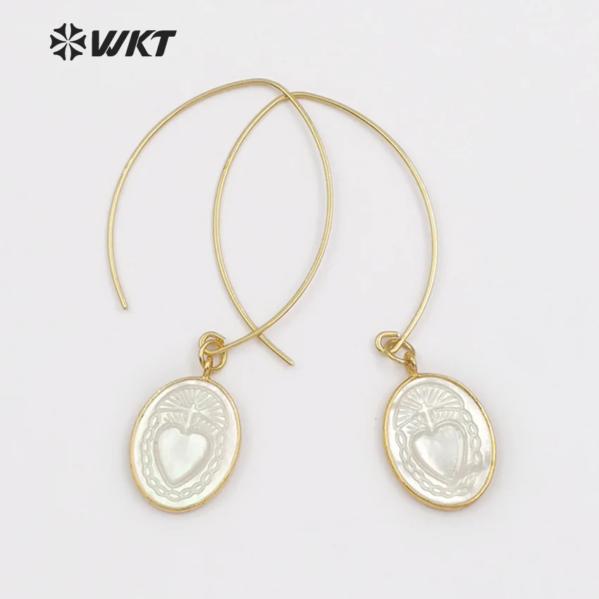 WT-E455 Metal Earwire With Gold Bezel Natural Sea Shell Briolette Earring Mysterious Pattern Women Bohemia Dangle | Украшения и