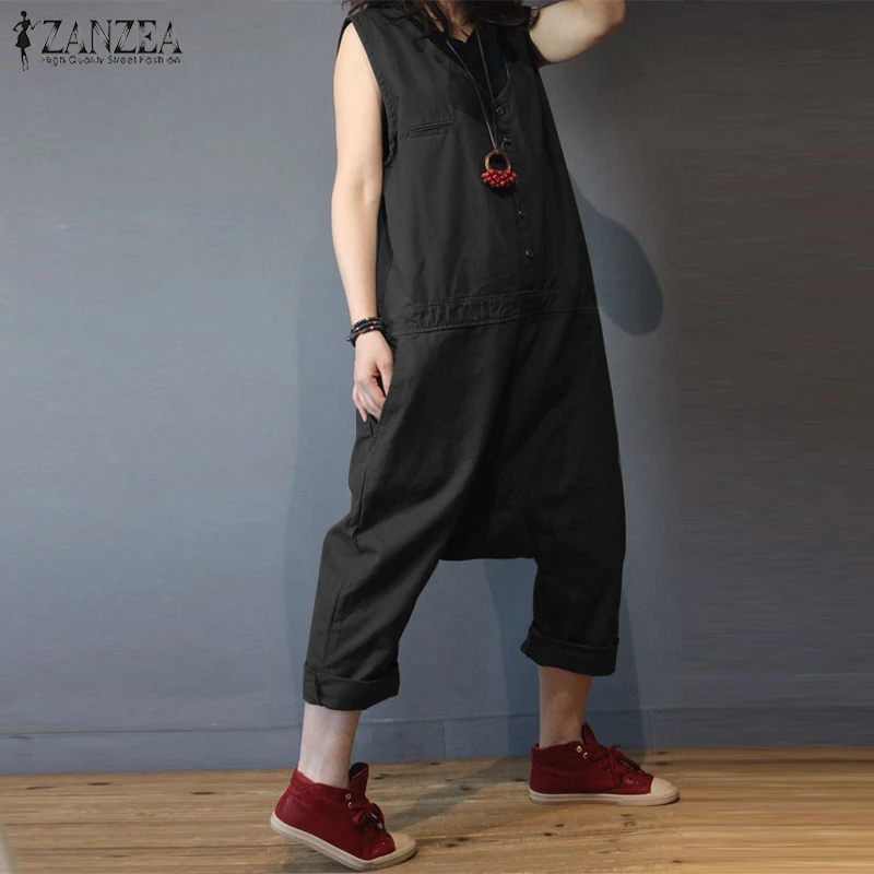 

2021 ZANZEA linen Overalls For Women Jumpsuits Female Sleeveless Casual Drop Crotch Rompers Button Pants Woman Pantalon Palazzo