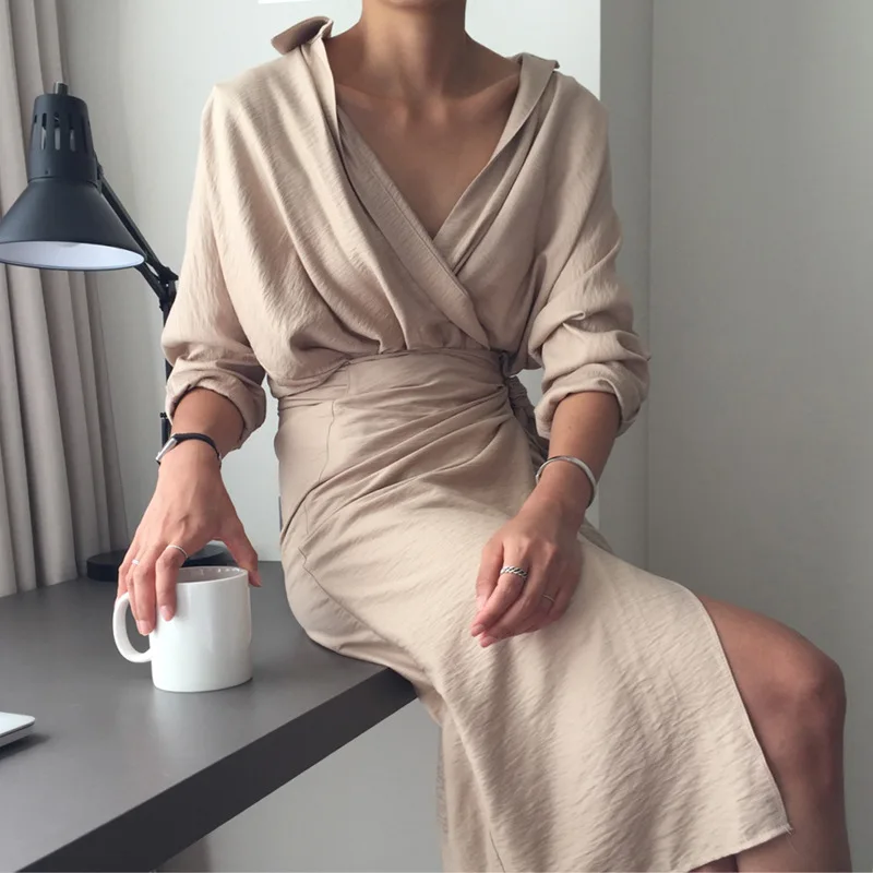 Retro Wrap Shirt Dress Women V Neck Wrist Sleeve Front Split Tie Waist Casual Female Dresses With Sashes | Женская одежда