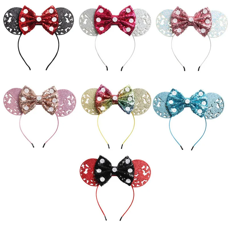 Головной убор ободок с блестками и бантом повязка на голову для девочек уши