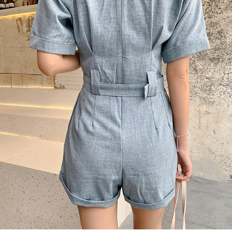 

AIYANGA Sexy V-neck Sashes Playsuit Women 2019 Summer Double-breasted Short Sleeve Rompers Office Lady Jumpsuit Overalls Shorts