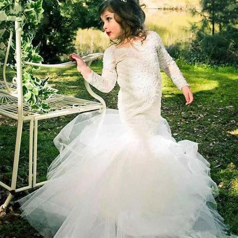 2021 White Ivory Lace Long Sleeve Mermaid Flower Girl Dresses For Weddings Jewel Modest Garden Country Gown Communion Dress | Свадьбы и