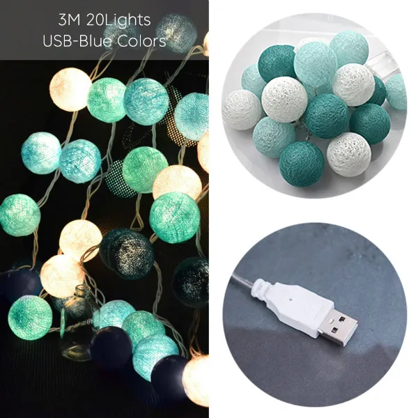 3M 20LED 03 USB Светодиодный светильник для украшения комнаты, гирлянда с хлопковыми струнными шариками, светильник s USB DIY 6 см, хлопковый шар, светильник с цепочкой, сказочный светодиодный светильник, подарки на день рождения, вечерние - Испускаемый цвет: 3M 20LED 03 USB