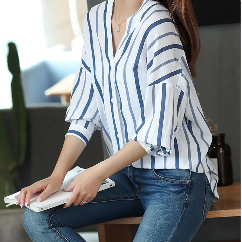 Блузка женская в полоску с V-образным вырезом Свободный Повседневный пуловер