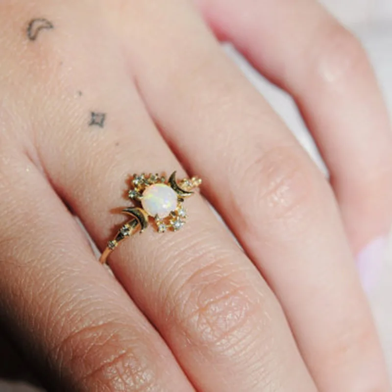 8Seasons Vintage Geometric White/Blue Opals Rings For Women Gold Color Ethnic Rhinestone Party Club Jewelry Size 6-10 | Украшения и