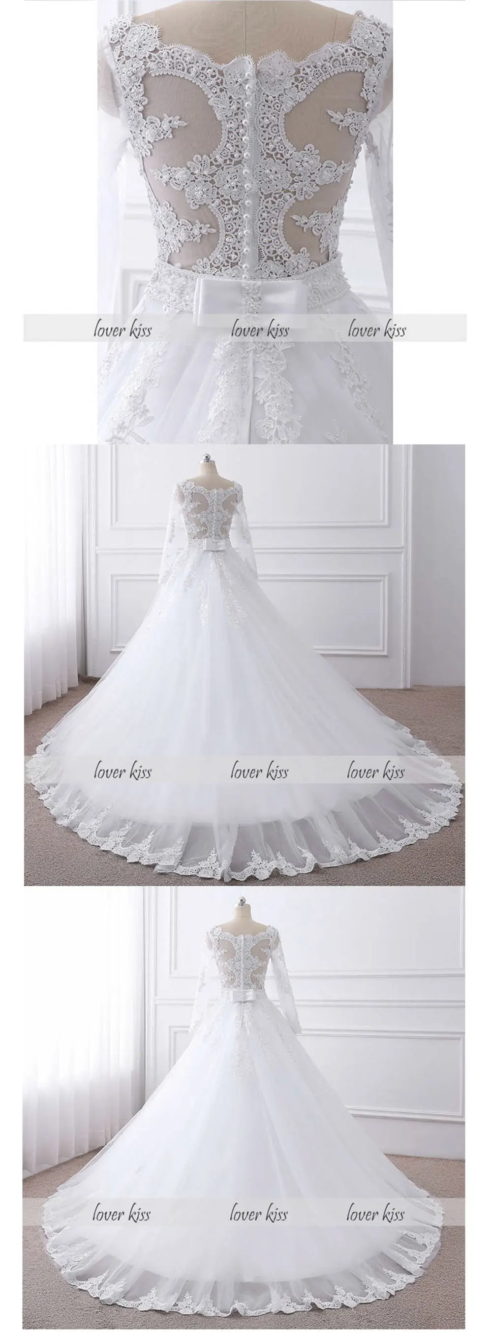Lover Kiss Vestido de noiva жемчуг длинный рукав с бисером свадебное платье кружевные свадебные платья для невесты с бантом настоящий халат de Mariage