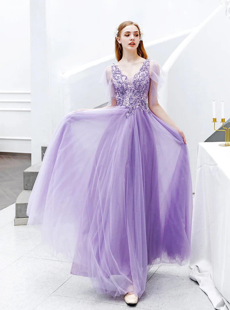 SSYfashion/фиолетовые длинные платья с v-образным вырезом и расклешенными рукавами на