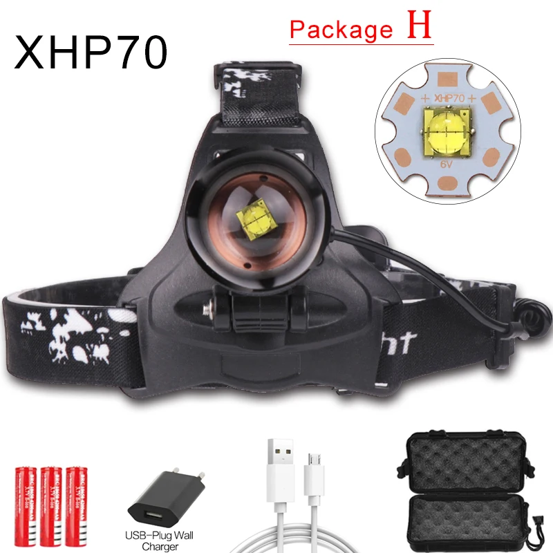 Package H Мощный светодиодный налобный светильник XHP70, масштабируемый налобный фонарь, водонепроницаемый налобный фонарь XHP70 XHP50, налобный светильник, налобный светильник со вспышкой 18650 - Испускаемый цвет: Package H