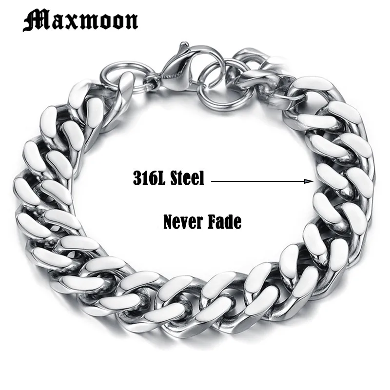 Maxmoon Для мужчин s браслет цепочка полированный Нержавеющая сталь серебристый, черный золотой браслет-цепочка для Для мужчин кубинской 3/4/6/71 мм