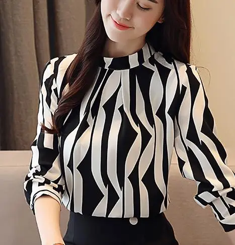 

Женские топы и блузки 2019, блузки с воротником-стойкой, облегающие офисные женские блузки, модная женская блузка с длинным рукавом и принтом