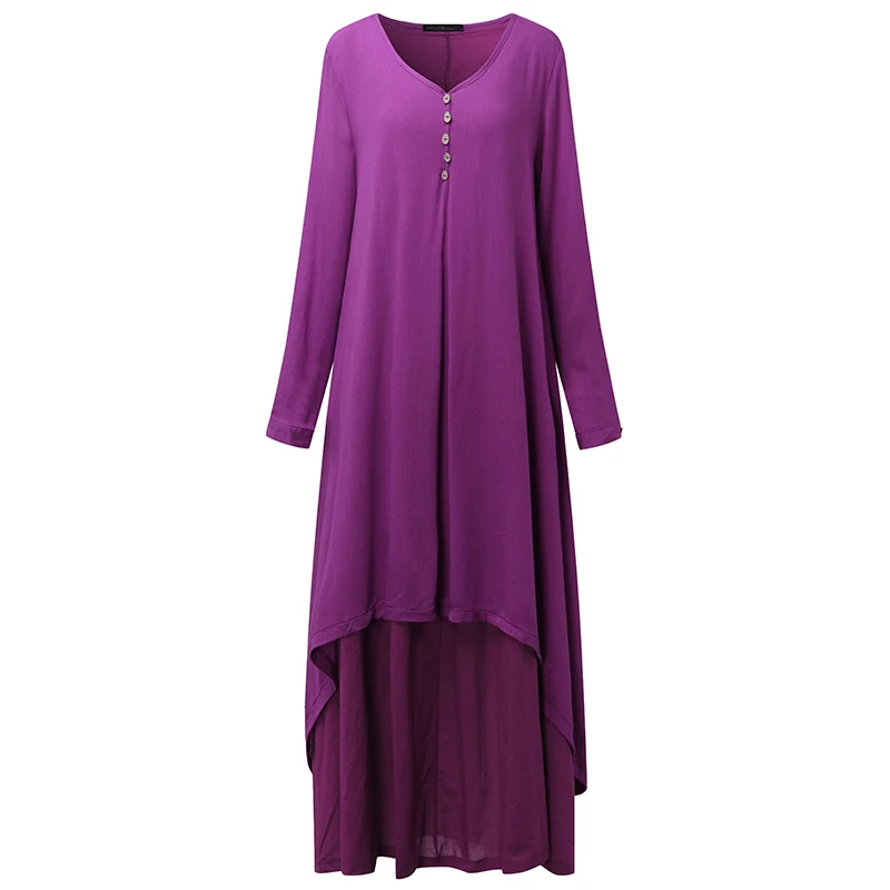 Purple Zanzea весна осень модное женское повседневное Свободное платье с длинным рукавом и v-образным вырезом однотонное длинное платье макси Vestidos размера плюс 5XL - Цвет: Purple