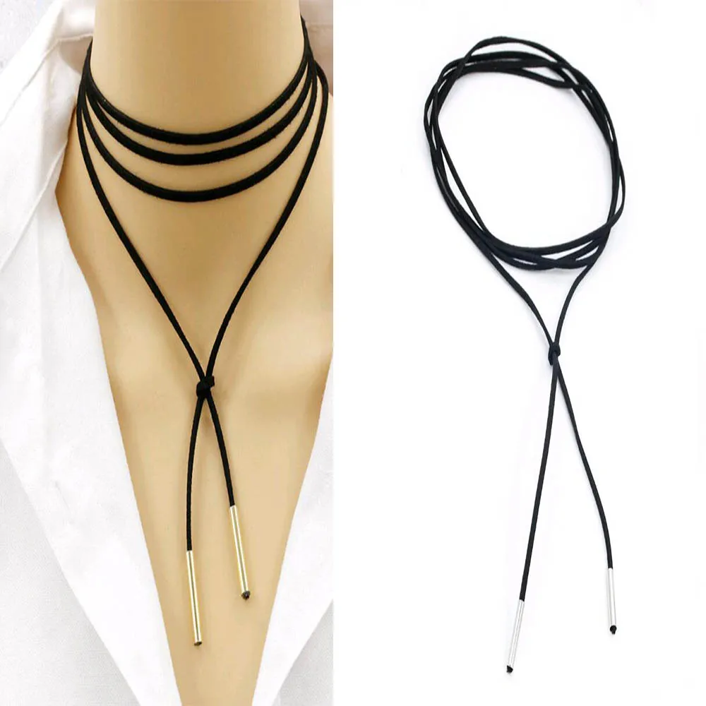 Новые ювелирные изделия черный кожаный ошейник Элегантная мода длинные веревки