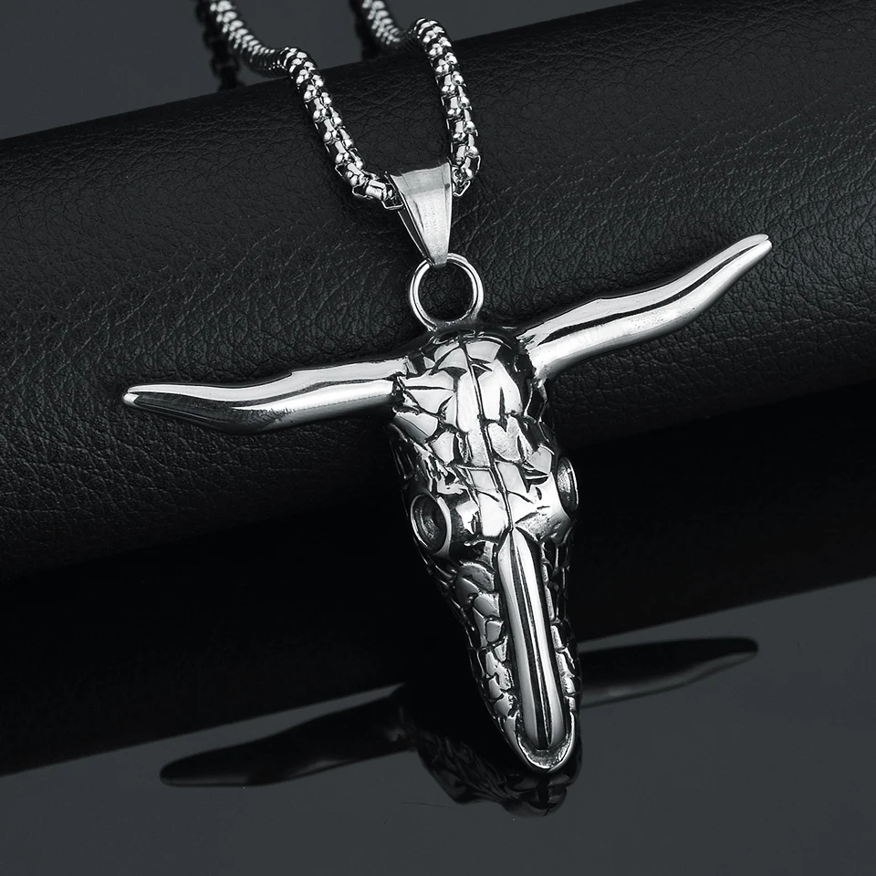 

African Tribe Style Skull Head Bull Pendant Necklace For Man Boy Gothic Stainless Steel Cow Jewellery