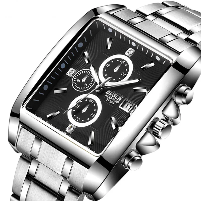 Часы мужские Новинка 2017 прямоугольный полный стали Кварцевые часы модный бренд