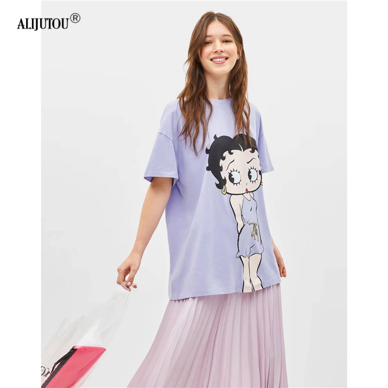 Betty Boop/Модная свободная фиолетовая футболка женская летняя с короткими рукавами
