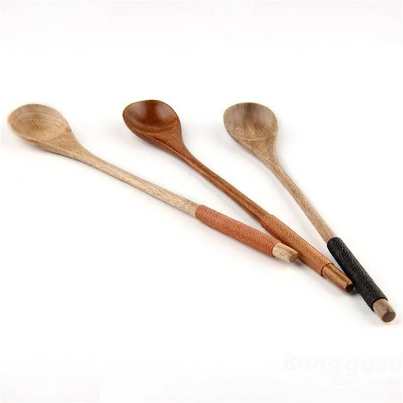 Long Handle Wooden Mixing Food Spoon Dinnerware Tie Wire Round Ladle Soup Milk Stirring Scoop | Дом и сад