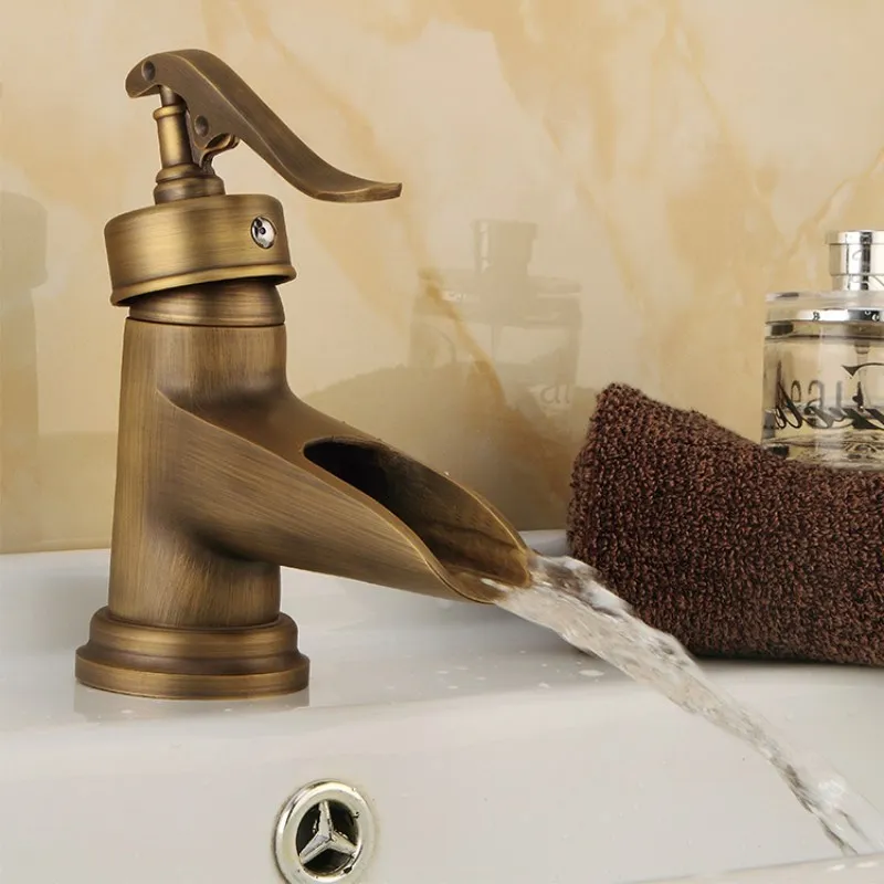 Basin Faucets Antique Brass Waterfall Bathroom vessel Sink Faucet Single Handle Hole Deck Wash Mixer Water Tap WC Taps | Обустройство