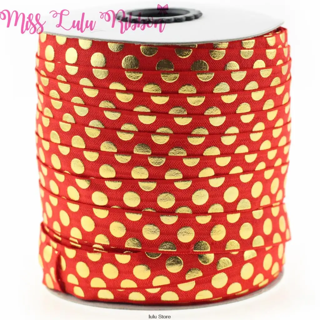 5/8&quot16mm(1.5cm) white gold foil polka dots printed fold over elastic ribbon glitter band handmade hair bows sewing tool 50 yards | Дом и