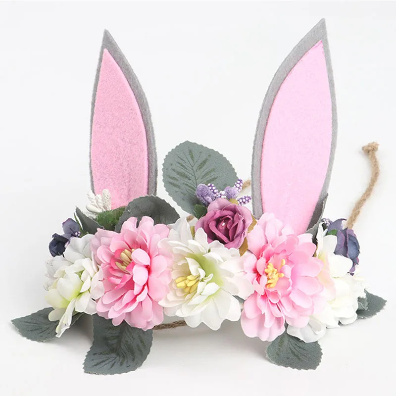 

Animal Rabbit Ears Wreath Headband Artificial Flower Hair Bands Wedding Birthday Party Photo Taking Tourism Kids Women