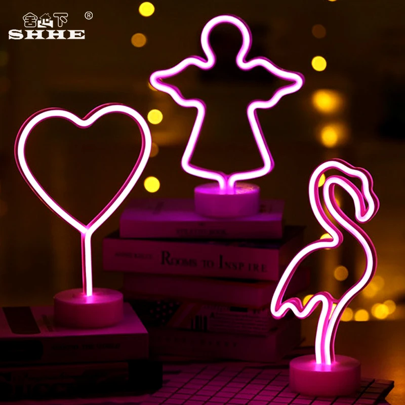 

Neon Abajur Table Lamp Flamingo Angel Heart Noverly Desk Table Lamp Night LED Lights for Home New Wedding Decor Lighting