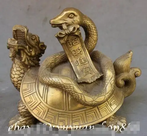 YM 306 9 &quotFengShui китайская латунь богатство змея езды Статуя Дракона черепахи