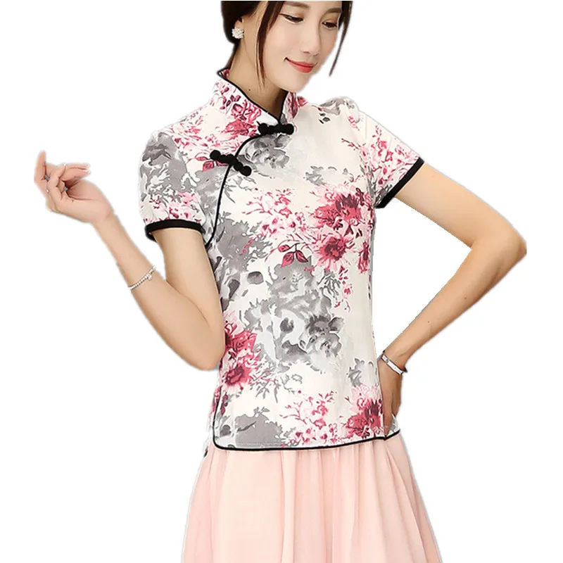 Шанхай история Мандарин воротник женская Qipao рубашка Китайский Топ короткий рукав cheongsam Топ Традиционный китайский льняная блузка - Цвет: 116 Red