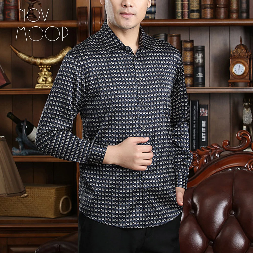 Summer men plaid geometric long sleeve business stretch natural silk shirts chemise homm camiseta masculina LT2233 FREE SHIPPING