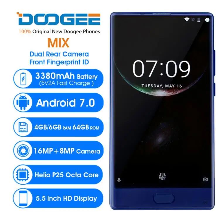 Doogee Mix 6 ГБ 64 и 5 &quotHD ободок меньше мобильный телефон 4G LTE Helio P25 Восьмиядерный 16MP 3380