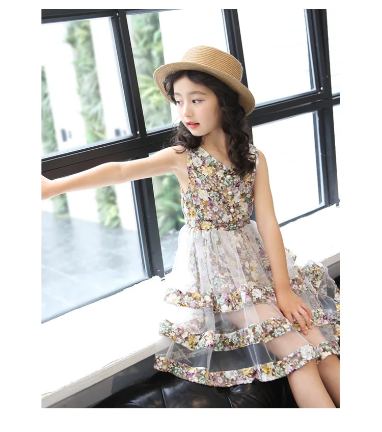 

New Summer Baby Girl Beach Dress Floral Print Voile Wedding Party Kids Dresses for Girls 4-14 Year Beading princess Vest Dress