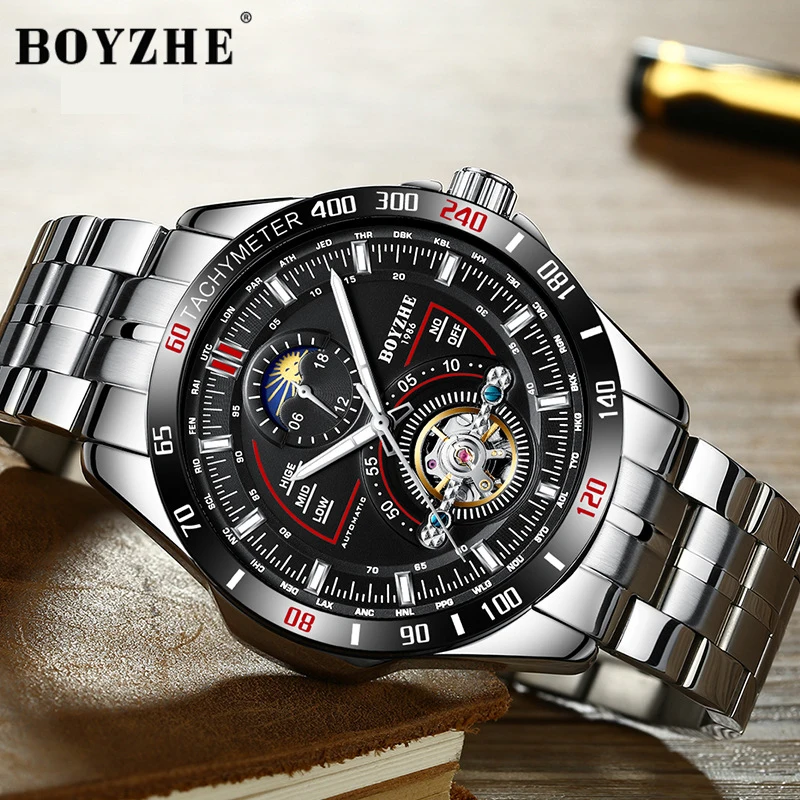 Мужские часы BOYZHE 2019 новые автоматические механические мужские с скелетом Tourbillon
