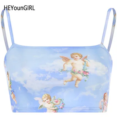 Синий HEYounGIRL, с принтом ангела, сексуальный короткий топ на бретельках, для женщин, с открытой спиной, на бретельках, топы, футболки, без рукавов, обрезанная Женская майка, лето - Цвет: Синий