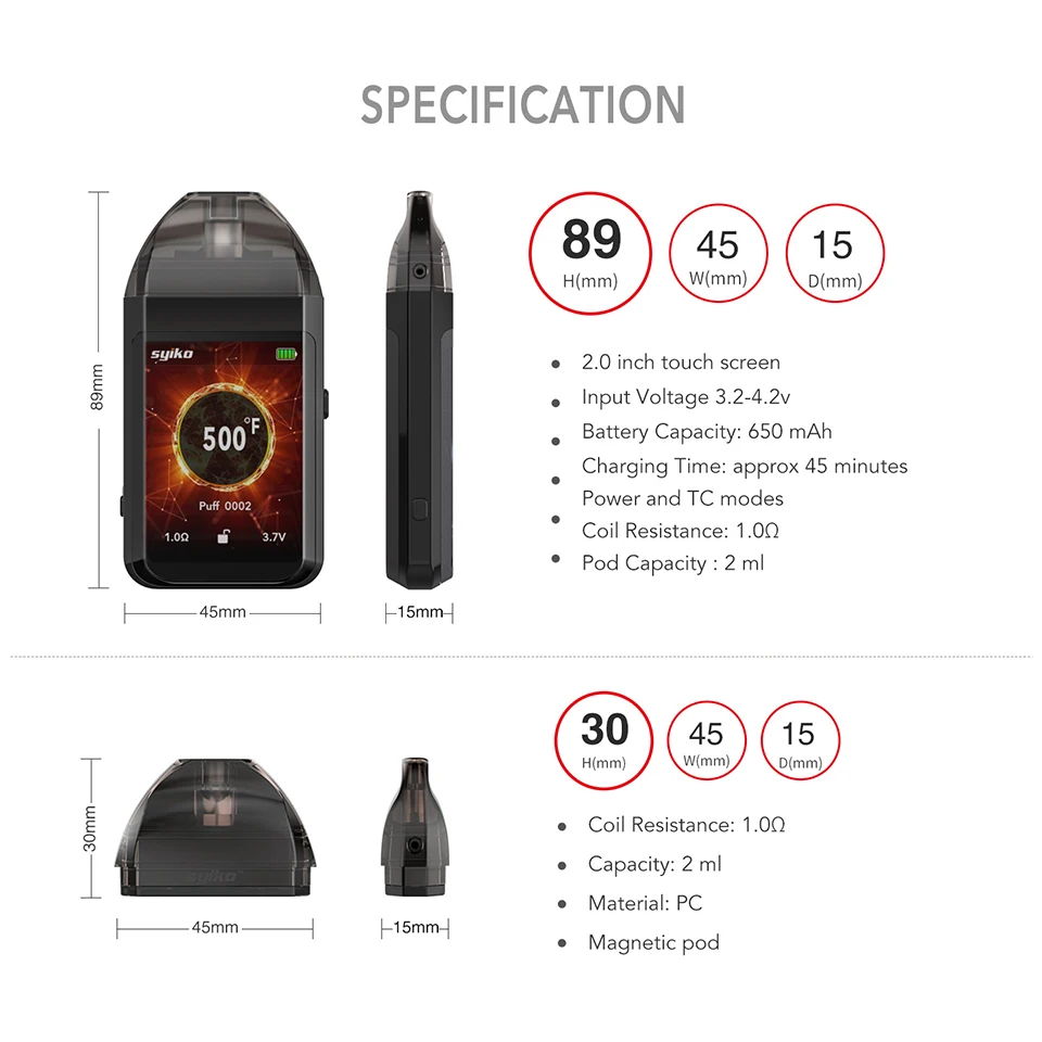Оригинал Syiko SE Touch Pod Vape комплект 650 мАч батарея с 2 мл картридж контроль