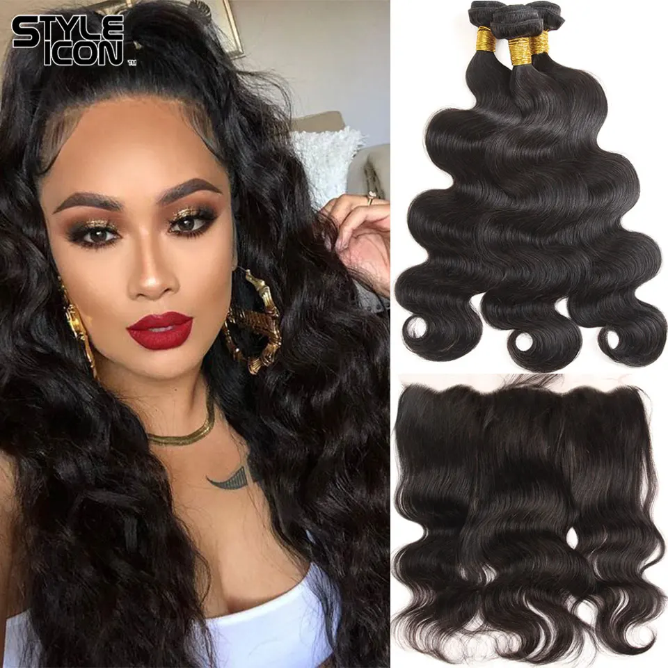 Styleicon Body Wave Brazilian Hair with Closure 3 Bundles with Frontal Body Wave Human Hair Weaving with Closure 13x4 Ear to Ear